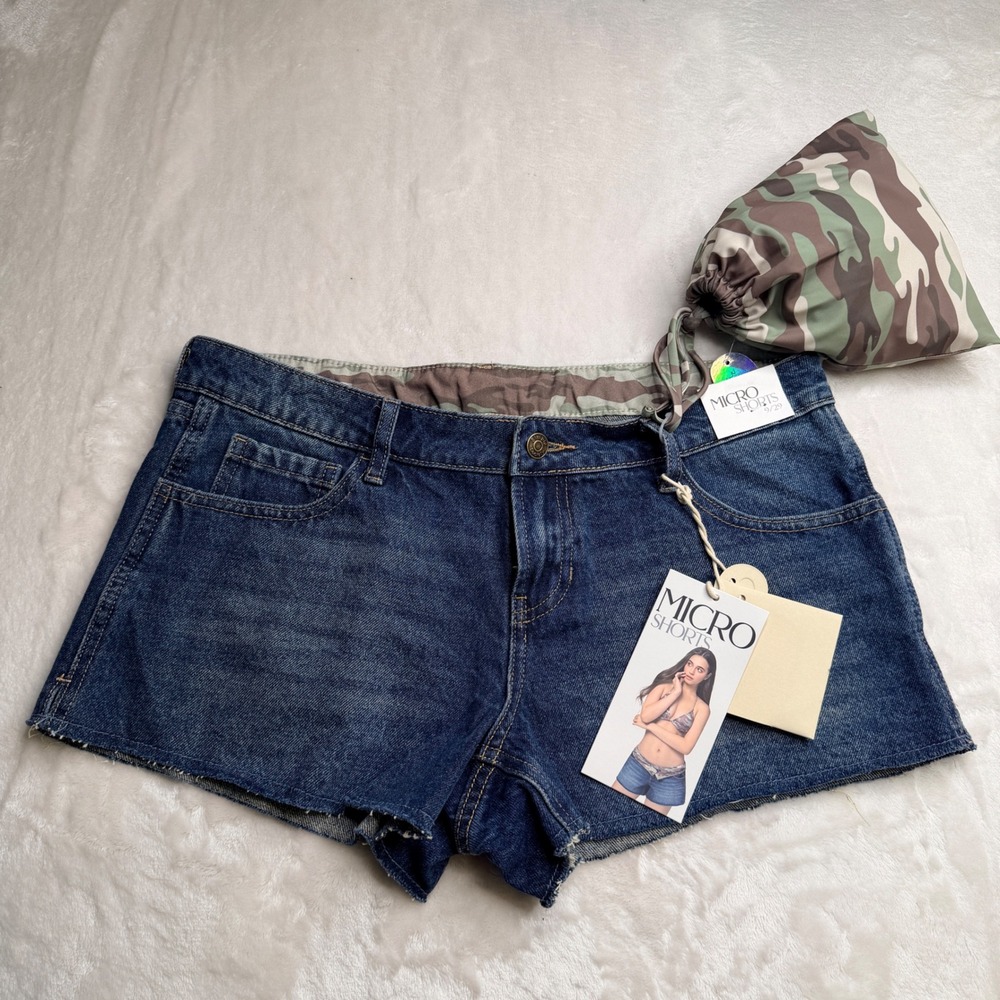 Simple Society Micro Shorts Denim Camo Bikini 2 Piece Set Size 9/29 NWT beach